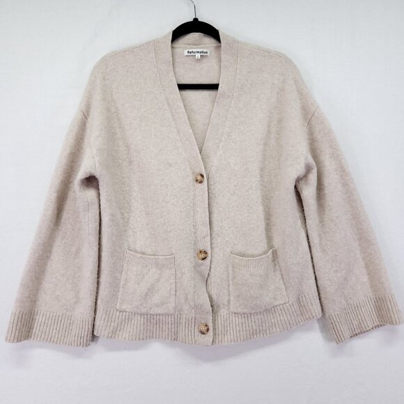 Reformation Wool Cardigan Womens Large Beige V-Neck Button Front With Pockets - Picture 1 of 16